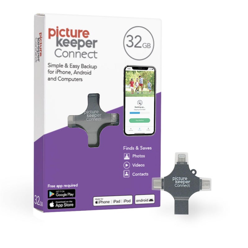 Picture Keeper Connect for iPhone, Android, USB-C, PC & Mac - 32GB USB Backup for Photos, Videos, Contacts, Flash Drive Memory Backup - 32GB, Silver - Image 1